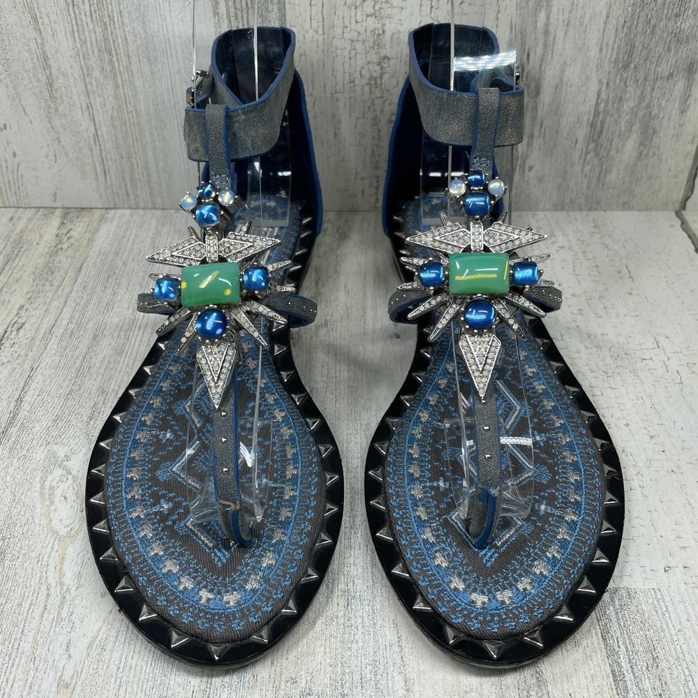 IVY KIRZHNER SANDALS SIZE 7.5 BABEL CRYSTALS GEMS BLUE GREEN BLING PALM BEACH